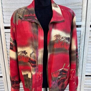 Vintage Oleg Cassini 100% Silk Jacket Safari Giraffe Palm Tree Scenic Red XL